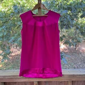 David Josef Women's Vintage Bright Pink Sleeveless Satin Trim Blouse Size 12